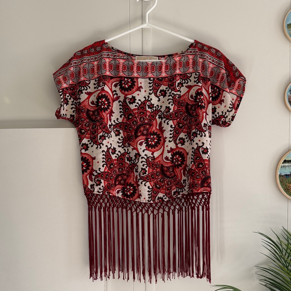MICHAEL KORS Red Patterned Fringe Blouse XXS / Festival